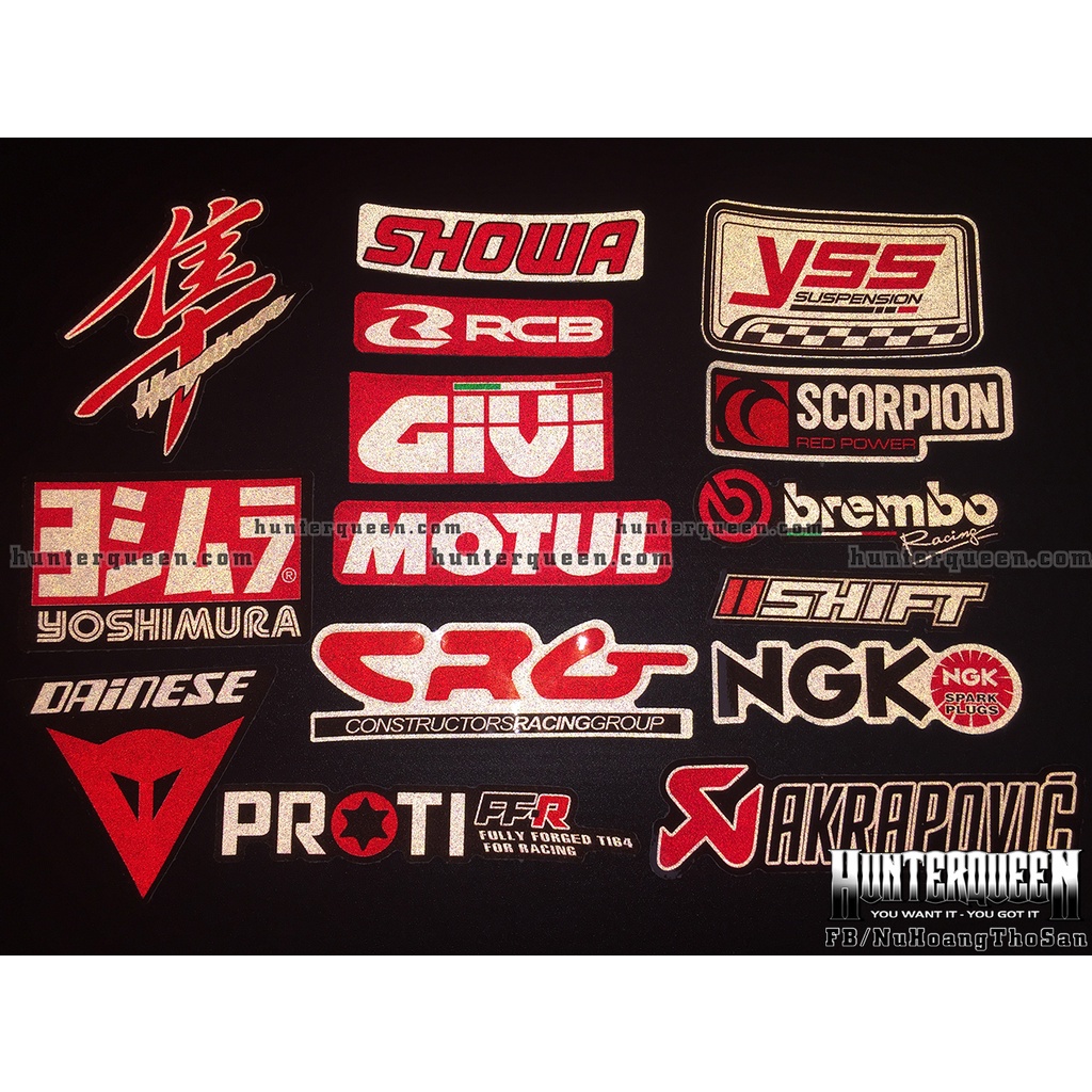 Trọn bộ 15 logo tông màu đỏ. Decal phản quang 3M của Mỹ. Sticker chống nước, không bay màu, độ dính cực kì cao