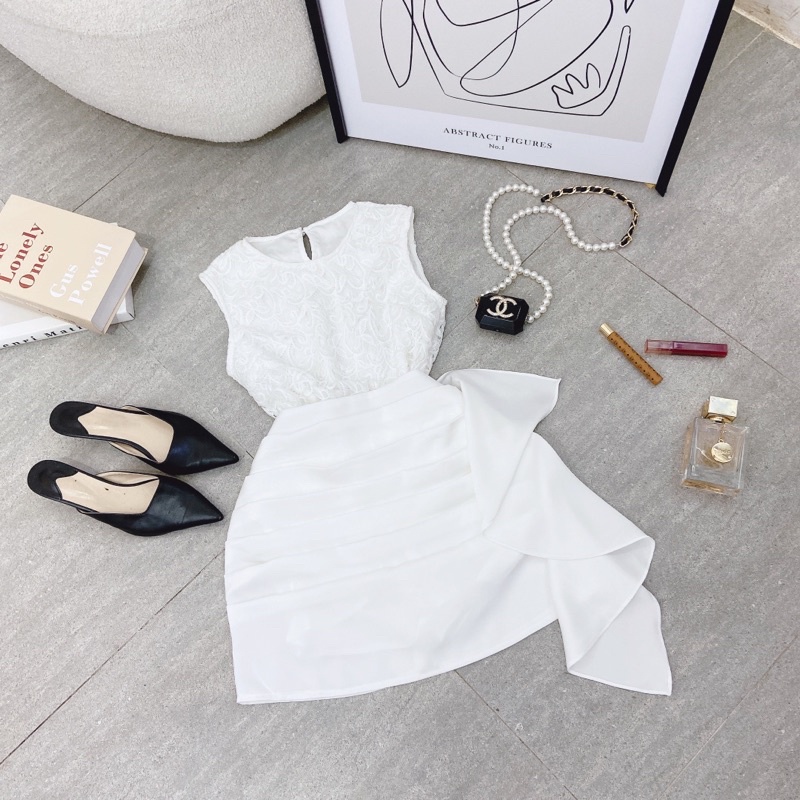 SET ÁO REN HOA SÁT NÁCH + CHÂN VÁY XẾP BÈO NHÚN