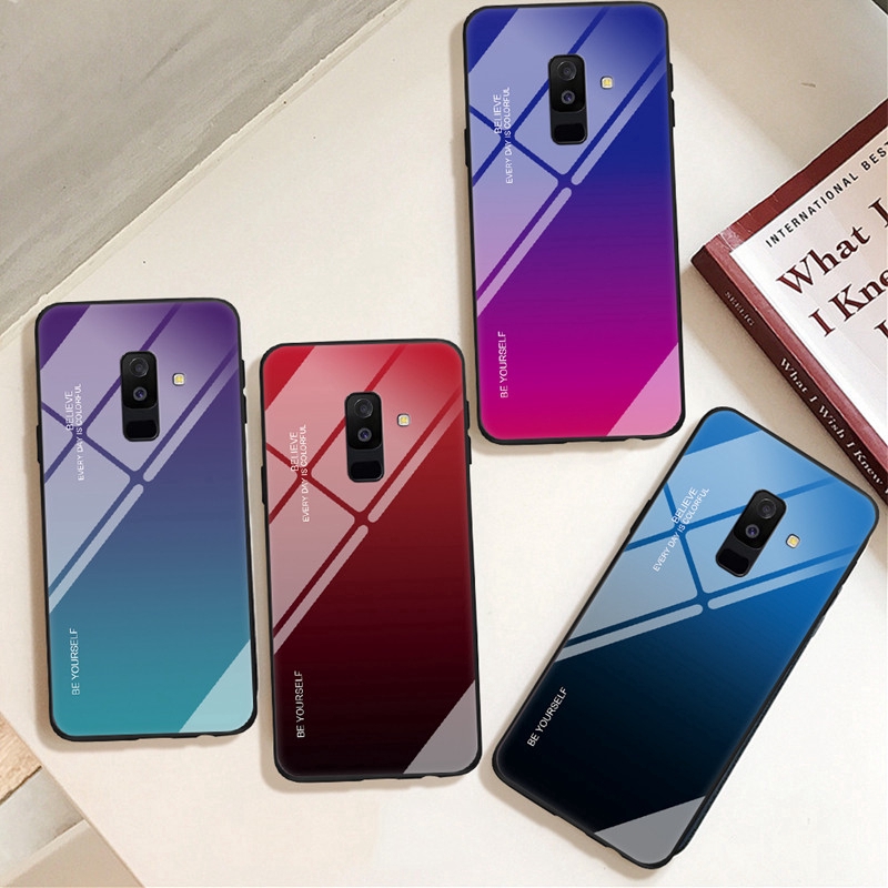 Ốp điện thoại kính cường lực viền mềm màu gradient cho Samsung A6 A7 A8 A9 Plus 2018 A8S