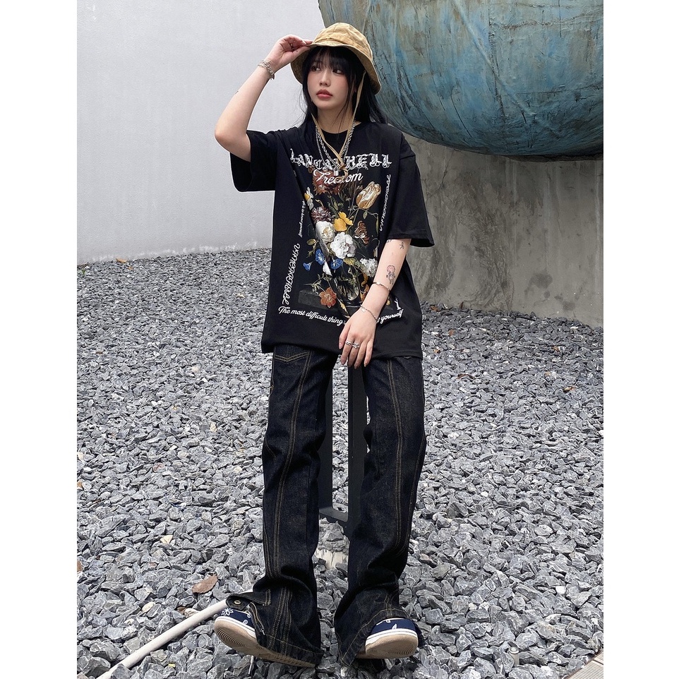 Áo phông nữ thời trang những bông hoa đen ngắn tay cổ tròn oversize thun form rộng unisex 100% cotton