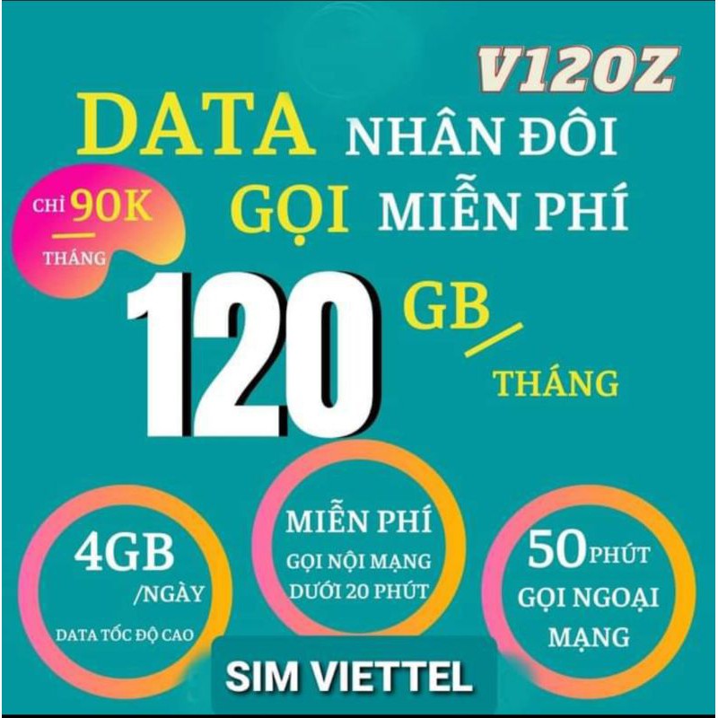 Sim V120Z :Miễn Phí Gọi Nội Mạng Dưới 20 Phút.50Phút Ngoài mạng,Ngày có 4GB,Tháng có 120GB Giá Chỉ 90000₫/1 Tháng