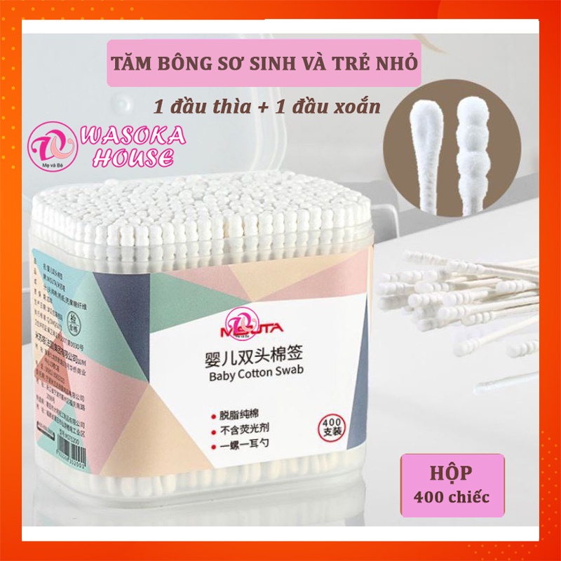 Tăm bông cho bé sơ sinh và trẻ nhỏ Misuta (hộp 400 que), bông tự nhiên an toàn lành tính cho bé