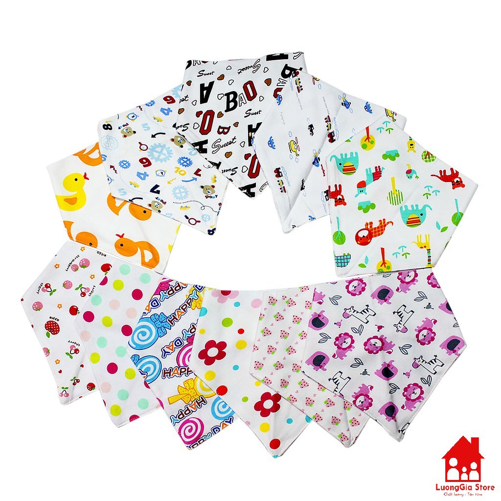 Set 5 Khăn Tam Giác, Yếm Tam Giác cho bé 2 Lớp chất liệu cotton có cúc bấm