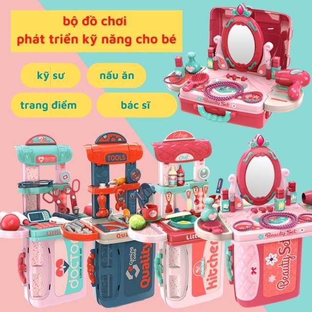 Bộ đồ chơi hàng bé-nấu ăn nhà bếp, trang điểm, bác sĩ, kỹ sư, giáo dục trẻ em