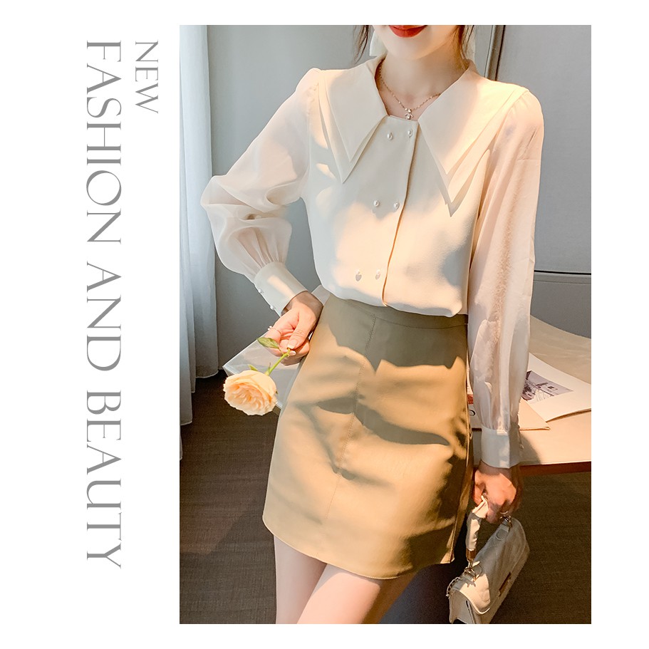 OFF WHITE Áo Sơ Mi Chiffon Tay Dài Cổ Peter Pan Dễ Thương Cho Nữ