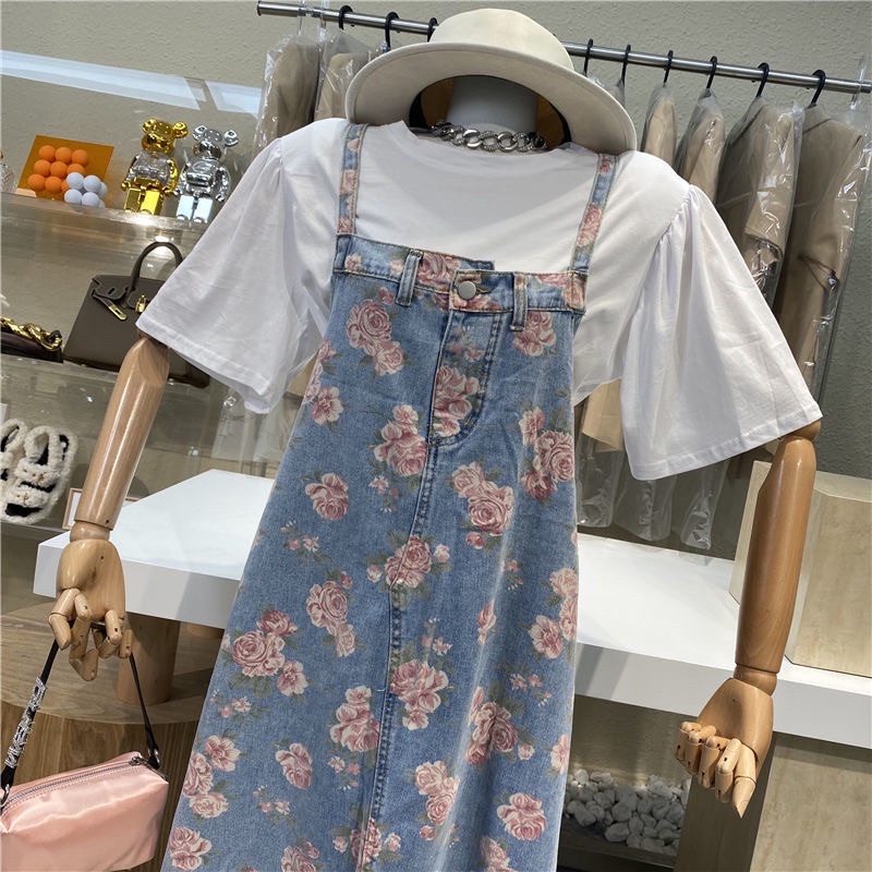 Yếm jeans bò hoạ tiết hoa dáng dài HOT TREND