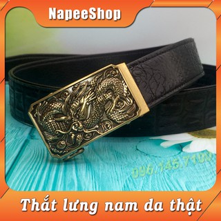 Thắt lưng nam NP256 da thật vân cá sấu bền đẹp, mặt 3D rồng bay mạ hợp kim cao cấp_ Dây da Đen