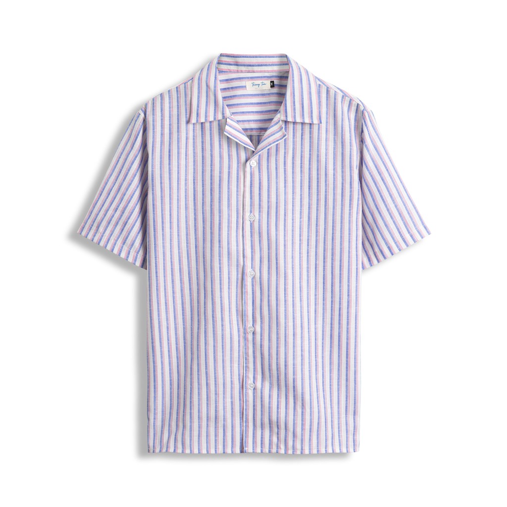 Áo Sơ Mi Nam Linen Tay Ngắn Sọc Hồng Xanh Taeng Tua