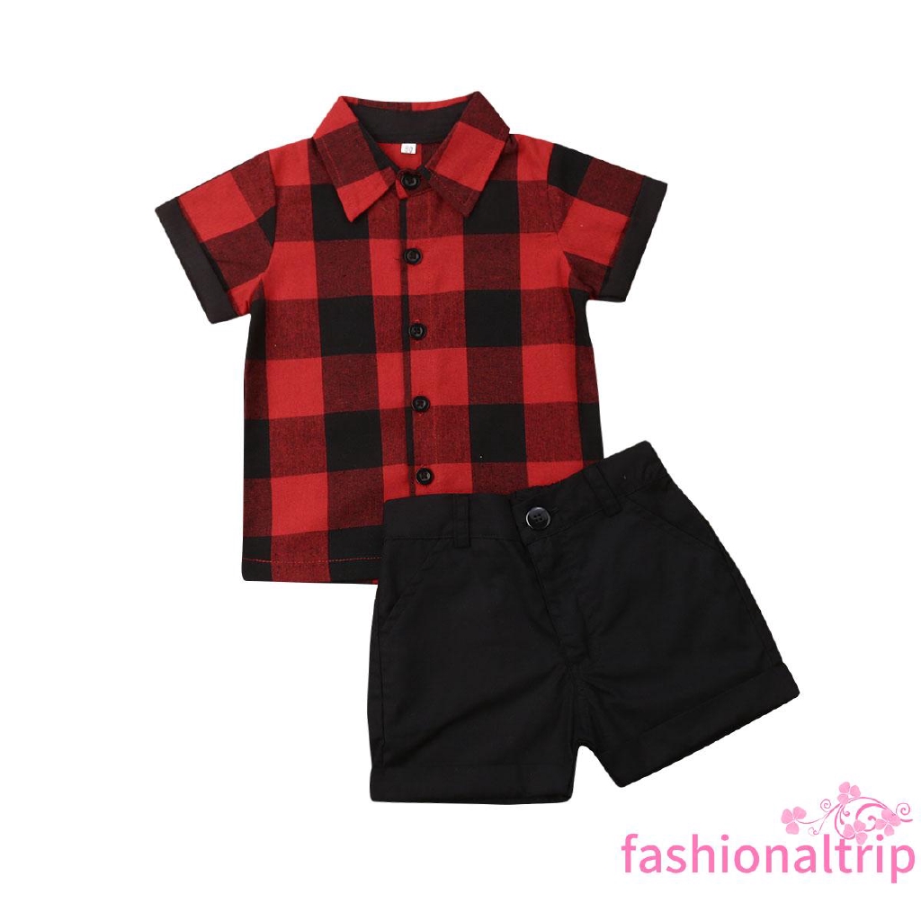 ♛♚♛Toddler Baby Boy Christmas Outfit Gentleman Turn-Down Collar Plaid T-Shirt Tops+Pants Shorts Clothes Set