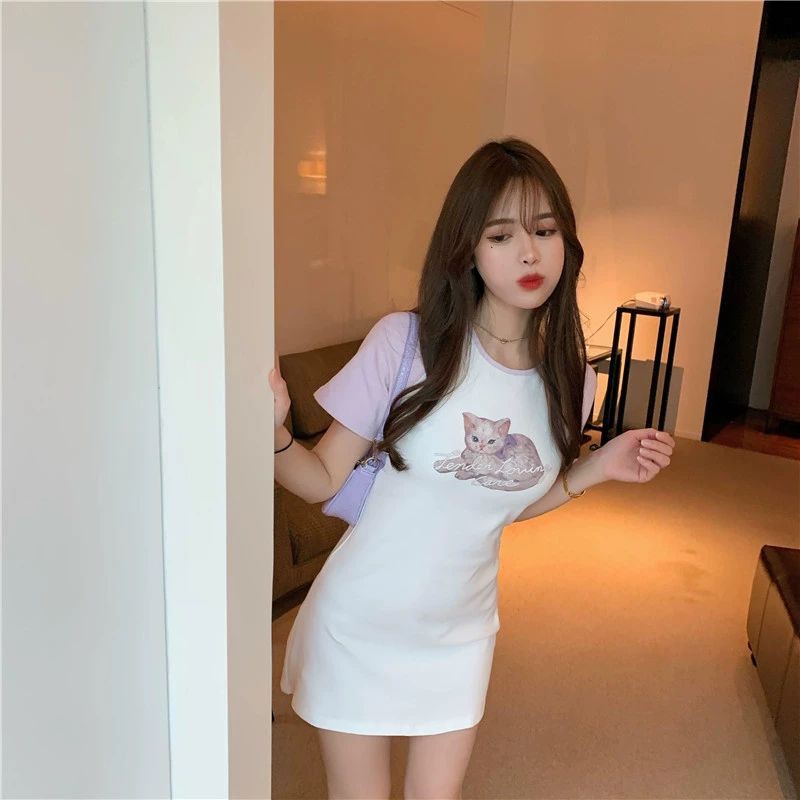 [Order] (C2) Váy ôm body Hàn Quốc in hình mèo màu trắng tím.