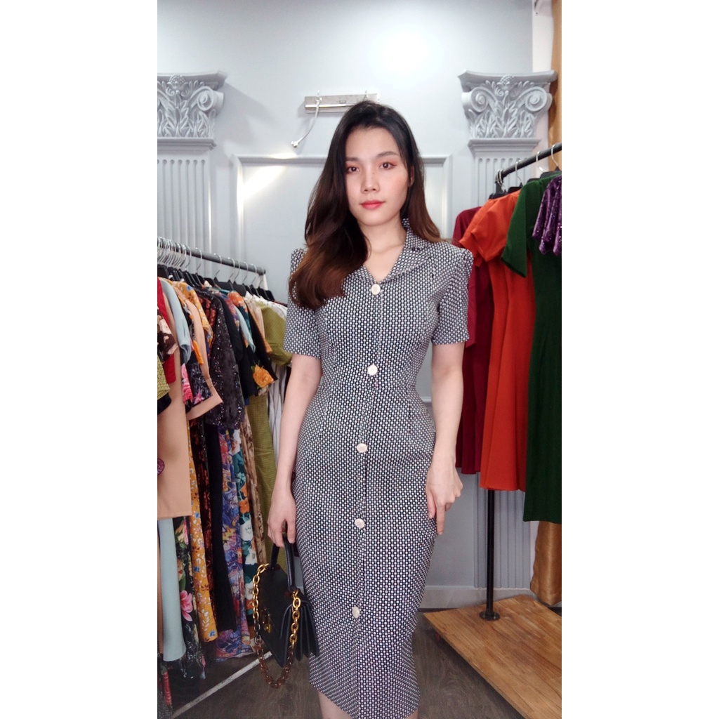 Đầm body cổ vest Da1462 vải co giãn phối cúc