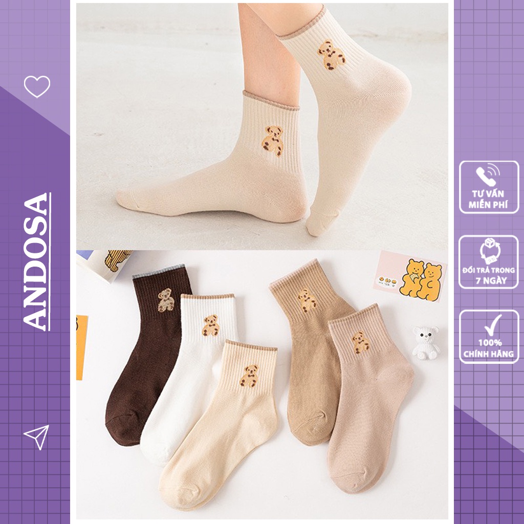 Tất vớ nữ cổ cao hình gấu cute dễ thương cotton dày đẹp phong cách Hàn Quốc ANDOSA T07
