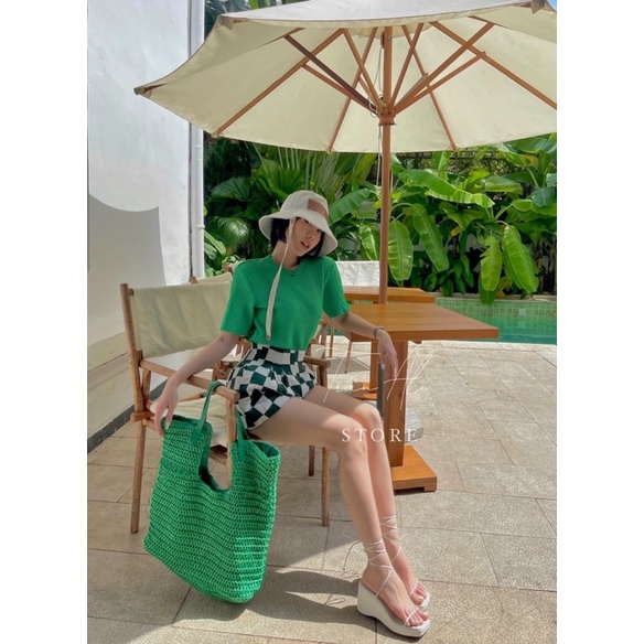 SET PULL XANH + SHORT KẺ Ô