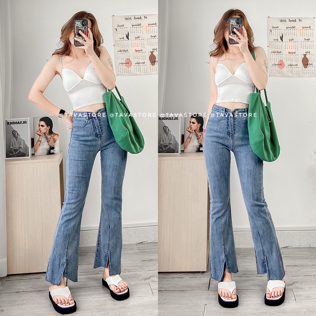 Quần jean loe xẻ xanh