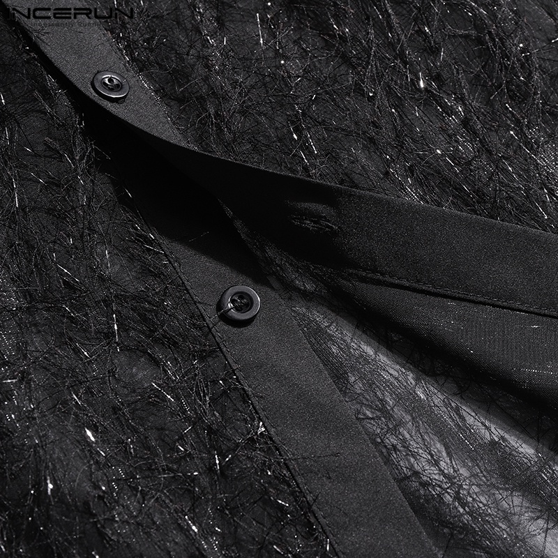 Áo sơ mi INCERUN tay dài nhìn xuyên qua cài nút họa tiết sọc caro thời trang dành cho nam