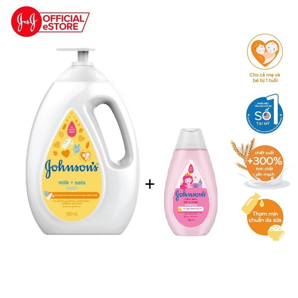 Sữa tắm sữa &amp; yến mạch Johnson's Milk Oats 1000ml Tặng Dầu gội óng mượt cho bé Johnson's Shiny Drops 200ml