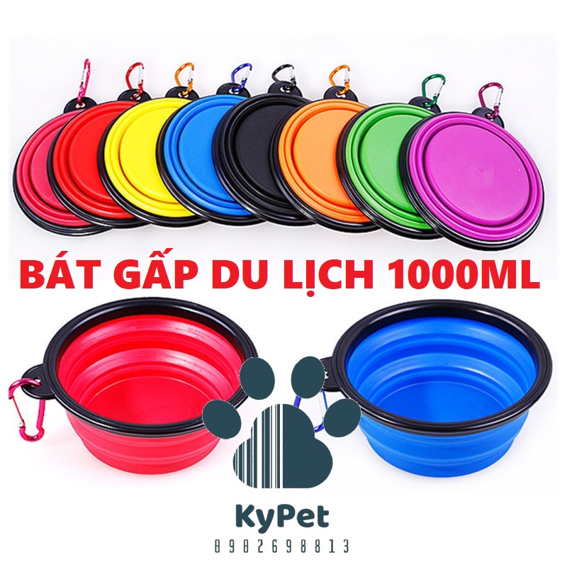 Bát gấp du lịch dùng cho thú cưng- lớn 1000ML- tặng kèm móc treo