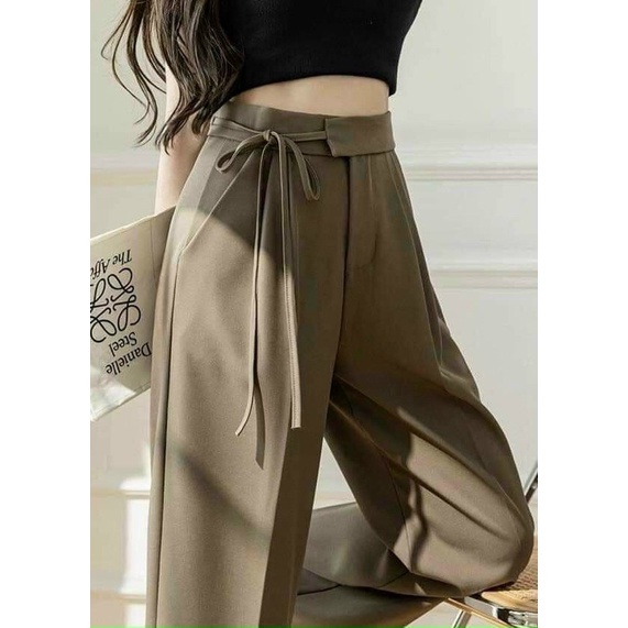 Quần tây nữ ống suông ống rộng cạp cao thắt dây bên hông