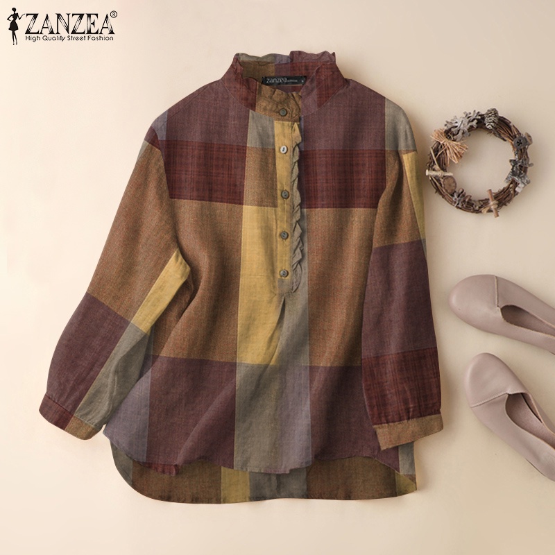 Áo kiểu Zanzea tay dài cổ tròn họa tiết kẻ sọc caro phong cách vintage dành cho nữ