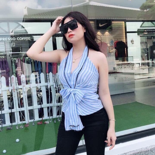 Áo cổ tim hở lưng cột nơ eo siu sang chảnh