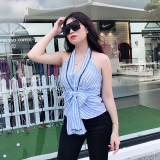 Áo cổ tim hở lưng cột nơ eo siu sang chảnh