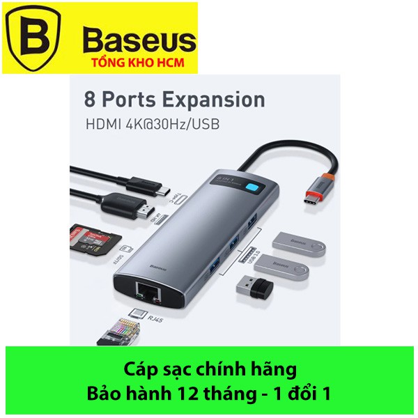 Bộ chuyển Baseus 8in1, Hub Baseus Metal Gleam Series Multi Docking Station (Type C to HDMI/3*USB 3.0/LAN/PD 100W/TF/SD)