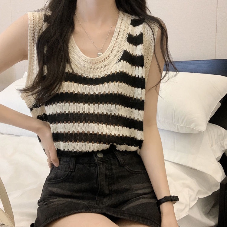 Áo Hai Dây Dệt Kim Dáng Rộng Họa Tiết Kẻ Sọc Phong Cách Hàn Quốc Cho Nữ