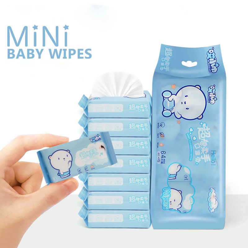 Khăn giấy ướt mini xinh xắn cho em bé lau mặt gói nhỏ bỏ túi tiện lợi 1 gói 8 miếng HILL STORE