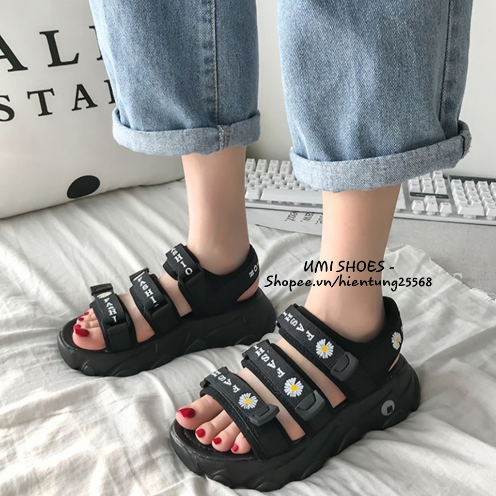 Sandal hoa cúc 3 quai ngang màu đen full/xanh mint cá tính năng động trẻ trung mới đơn giản đế cao 4cm bền đẹp học sinh