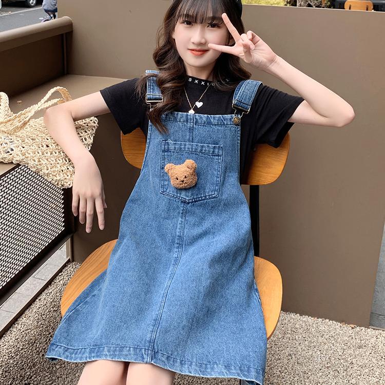 Set Áo Thun Ngắn Tay + Đầm Yếm Jeans Thời Trang Cho Bé Gái