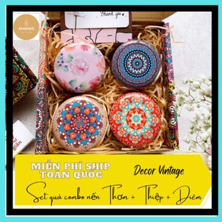 Set Quà Tặng Nến Thơm Hoa Khô 4 hũ decor Vintage || Nhận viết thiệp + diêm + Trang trí