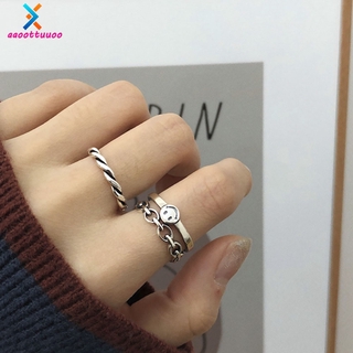 Bộ 2 nhẫn đôi hình dây xích xoắn và mặt cười có thể điều chỉnh kích thước phong cách Hàn Quốc cổ điển đơn giản 