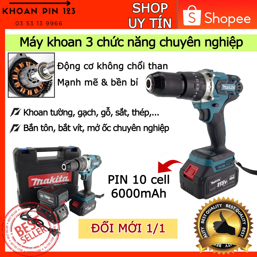 Khoan pin búa Makita không chổi than 13mm pin dung lượng lớn