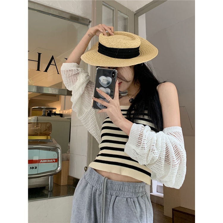 COZOK Bộ Áo Khoác cardigan Dệt Kim Chống Nắng + Áo Sát Nách Kẻ Sọc Cá Tính