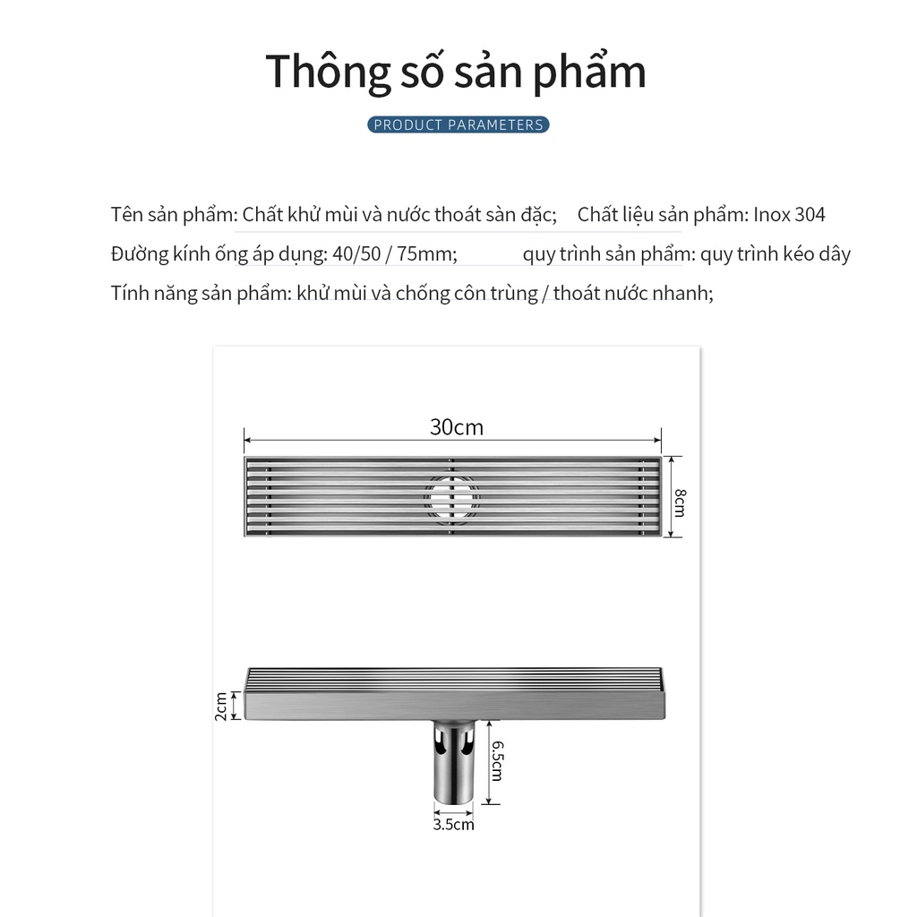 Phễu thoát sàn chống mùi hôi XINKUNLON inox 304 hình chữ nhật cho phòng tắm