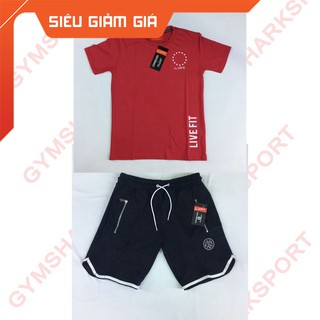 [hàng mới về] Bộ Áo Thun thể thao LIVE FIT Đỏ Quần thể thao LVFT thun Poly Đen