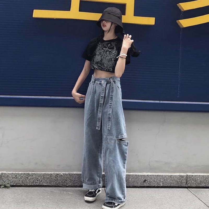Quần bò nữ ống rộng, Quần Jeans ống nối suông có thắt eo siêu ngầu phong cách Hàn Quốc đủ size PHULA B5