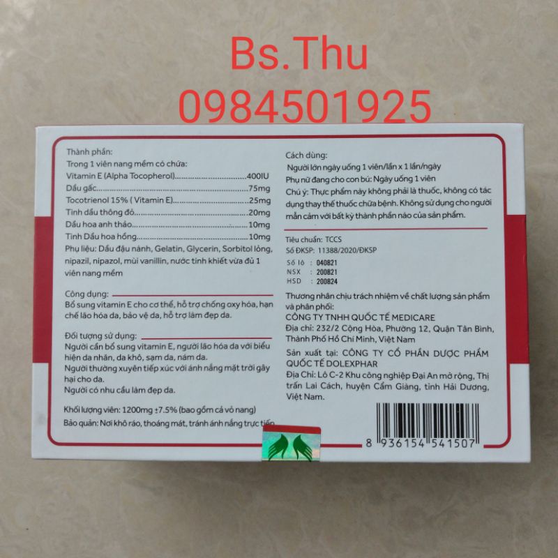 E đỏ Medi hộp 30 viên, dùng 1 tháng - Bổ sung Vitamin E tự nhiên hỗ trợ làm đẹp da, bảo vệ da