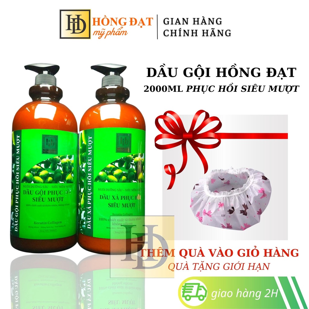 Dầu gội cặp Hồng Đạt xanh dầu gội đầu Keratin Collagen 2000ml phục hồi tóc hư tổn siêu mềm mượt mùi hương chuẩn