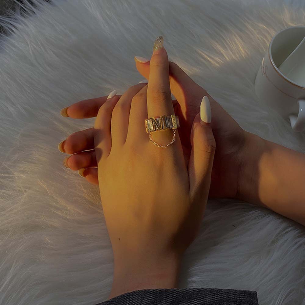 Nhẫn Thép Titan Khắc Chữ M Phối Dây Xích Thời Trang Phong Cách Punk Hàn Quốc