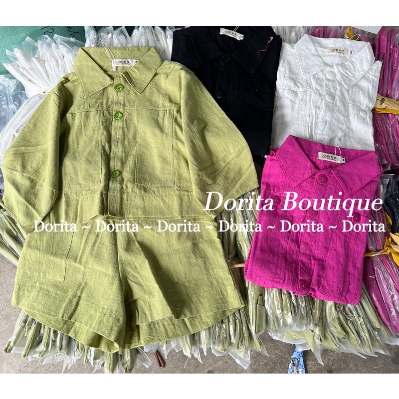 Set áo sơ mi dáng croptop thô đũi linen kèm quần short cạp cao, Set đồ July Hàn Quốc