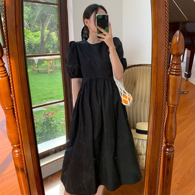 Đầm trắng tay phồng chiết eo dáng rộng phong cách Retro Pháp thanh lịch