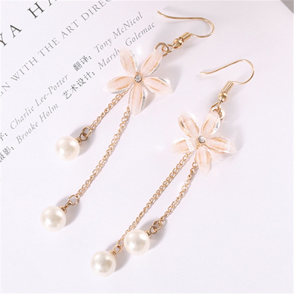 Khuyên tai chuỗi đính hoa và ngọc trai nhân tạo tua rua