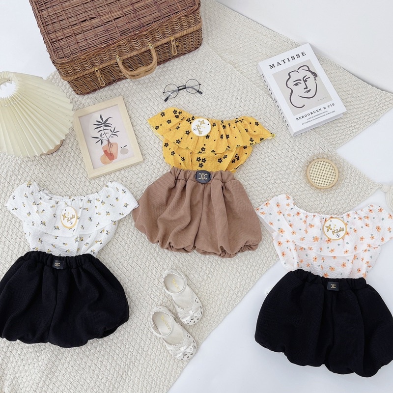 Xả Set áo trệt vai quần bồng cho bé gái