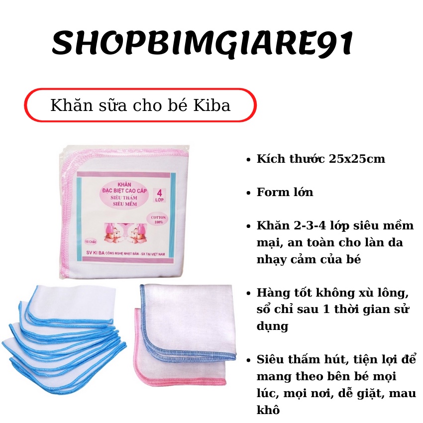 Khăn sữa cho bé Kiba siêu mềm siêu thấm 2 lớp, 3 lớp, 4 lớp kích thước 25x25cm