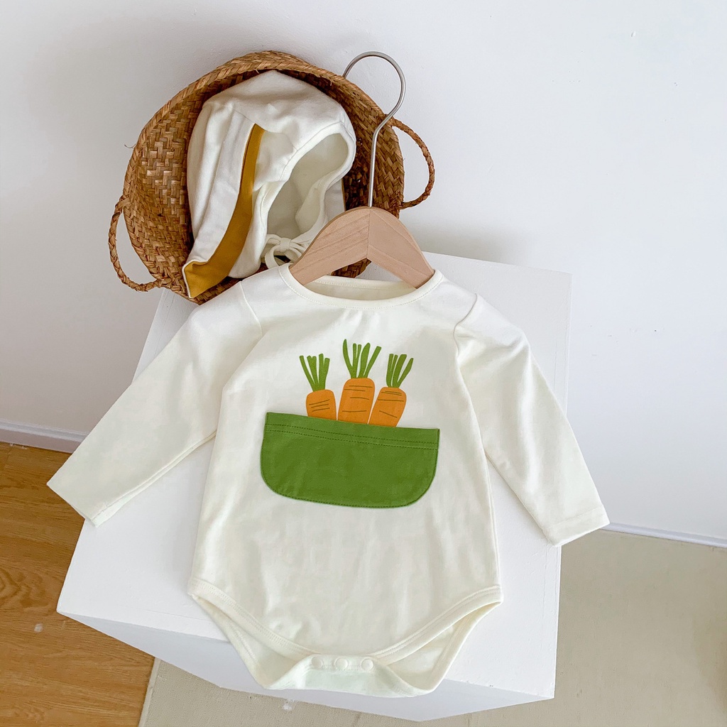 Bộ Áo Liền Quần Tay Dài In Hình Củ Cà Rốt + Mũ Tai Thỏ Vải Cotton Dễ Thương Cho Bé Sơ Sinh