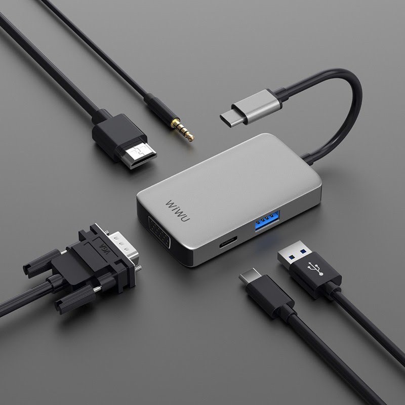 CỔNG CHUYỂN WIWU 5IN1 ALPHA USB-C Hub A513HVP HDMI 4K VGA USB 3.0 Jack 3.5mm PD 87W - Hàng chính hãng