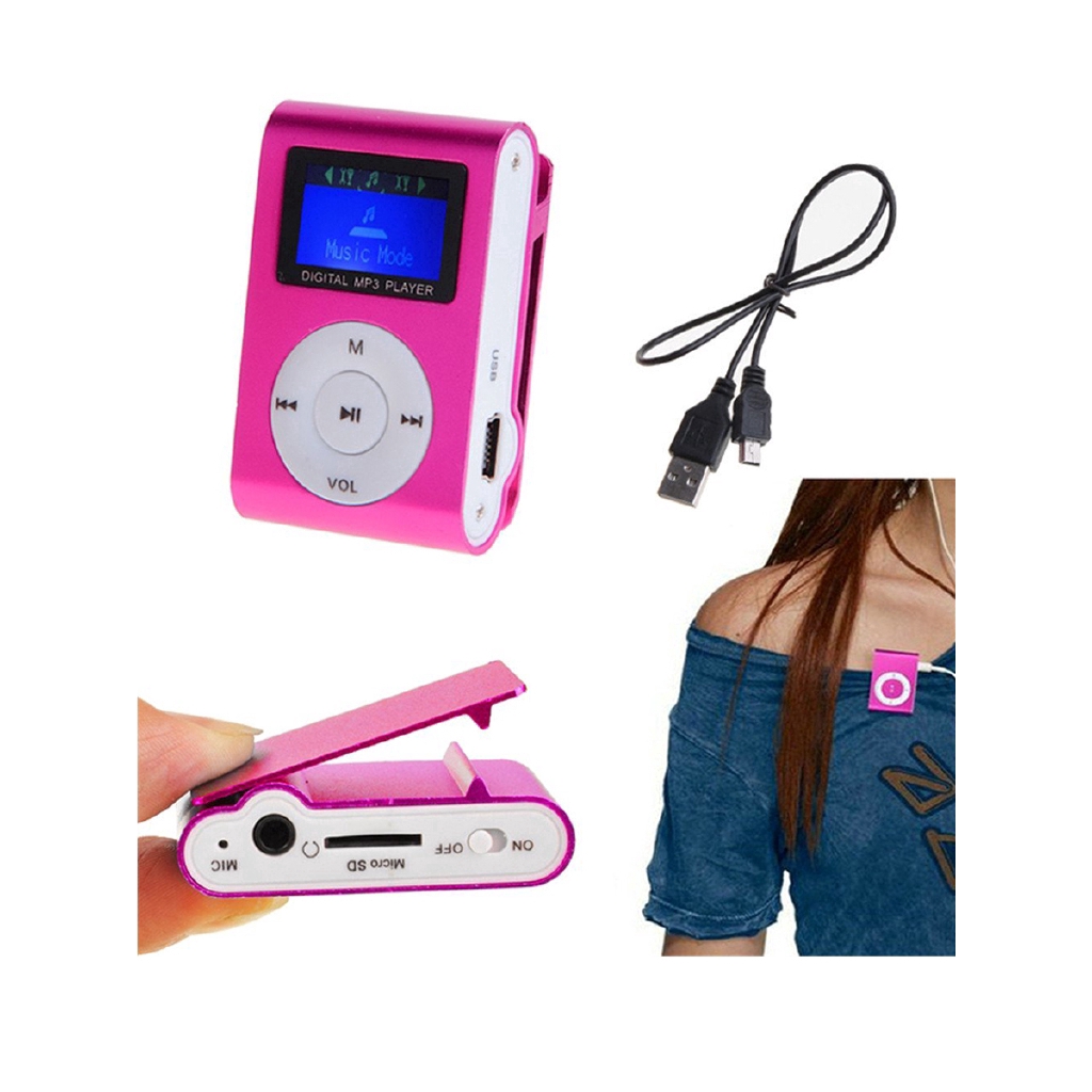 Máy nghe nhạc MP3 Player có kẹp kim loại với khe cắm thẻ nhớ và dây cáp