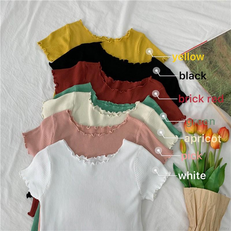 Áo Croptop Dệt Kim Tay Ngắn Phối Bèo Phong Cách Hàn Quốc