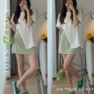 Áo phông nữ cotton xẻ vạt 2 màu đen trắng basic, áo thun cộc tay nữ cổ tròn xẻ vạt cao cá tính